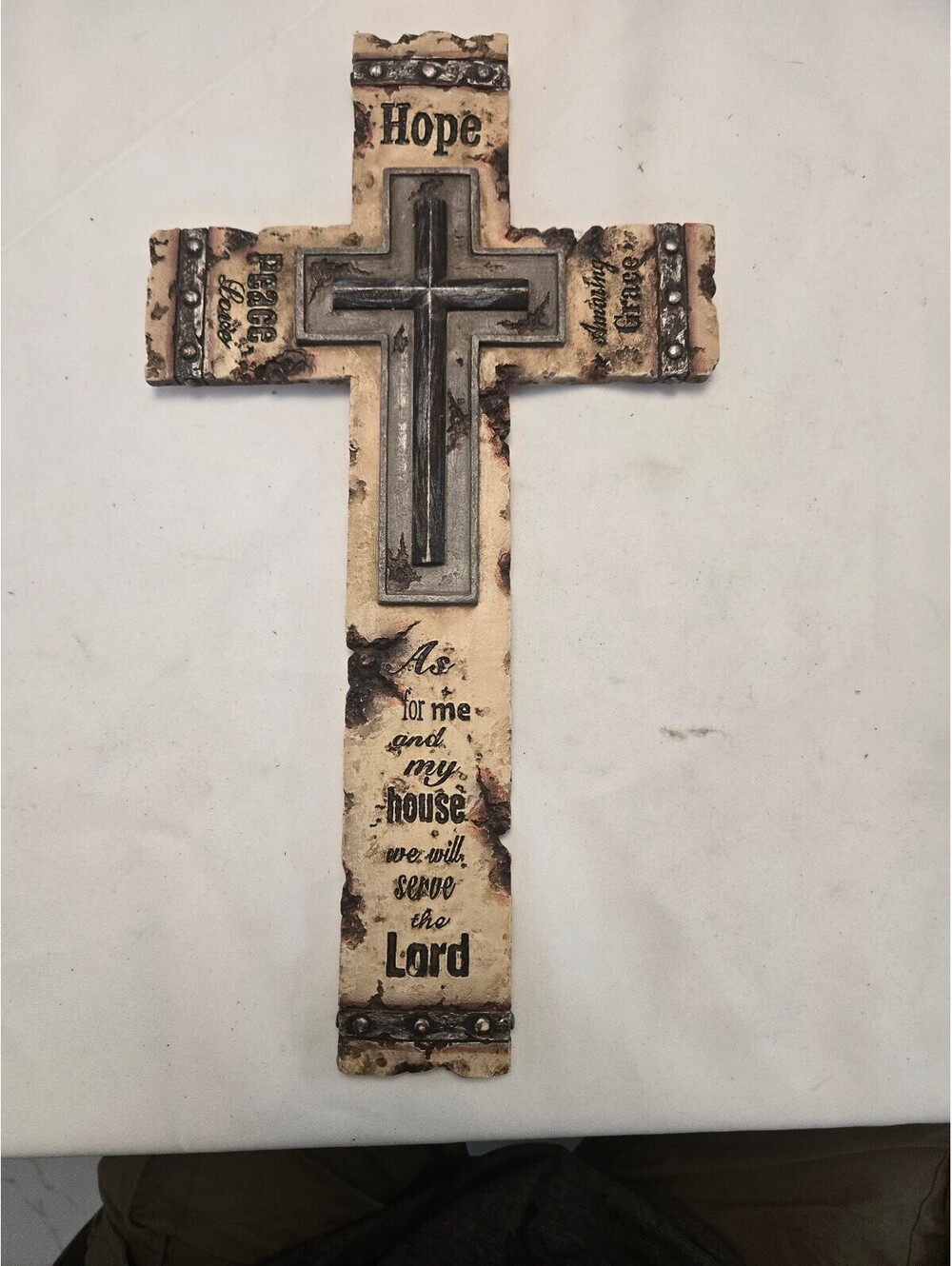 Decorative Wall Cross with Inspirational Quote and Metal Accent 15x8.5